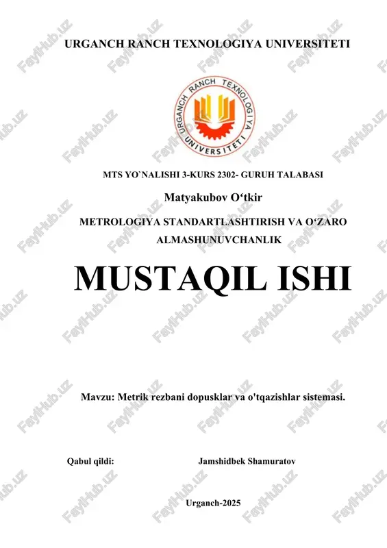 metrik rezbani dopusklar va o'tqazishlar sistemasi. — DOCX