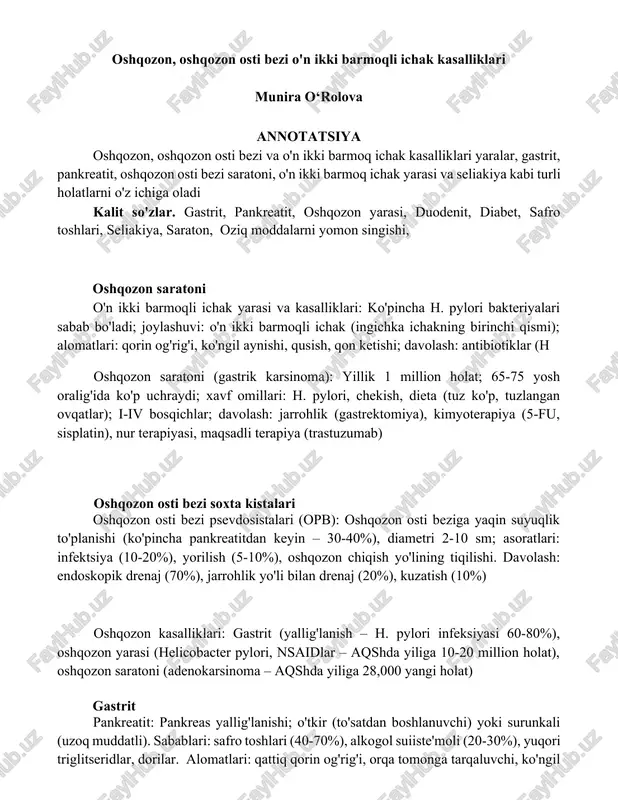 oshqozon, oshqozon osti bezi o'n ikki barmoqli ichak kasalliklari — DOCX