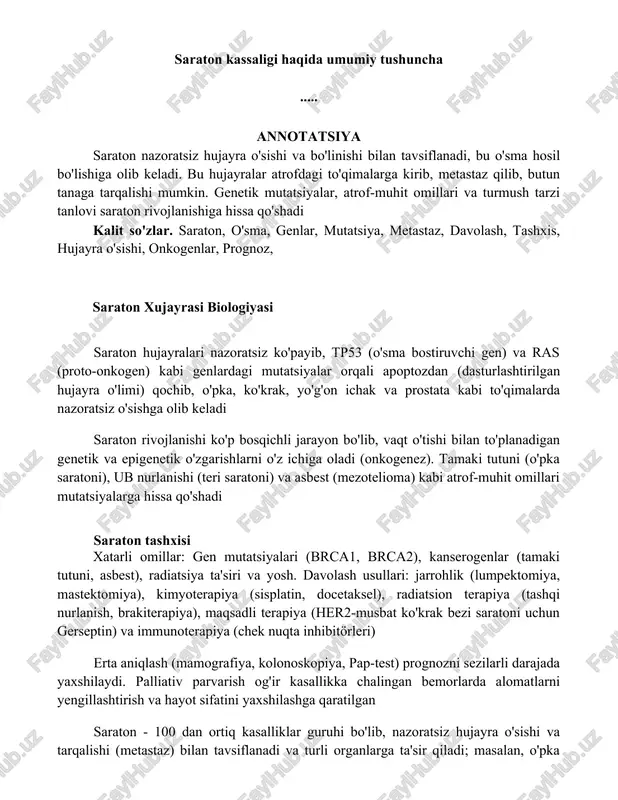 saraton xujayrasi biologiyasi — DOCX