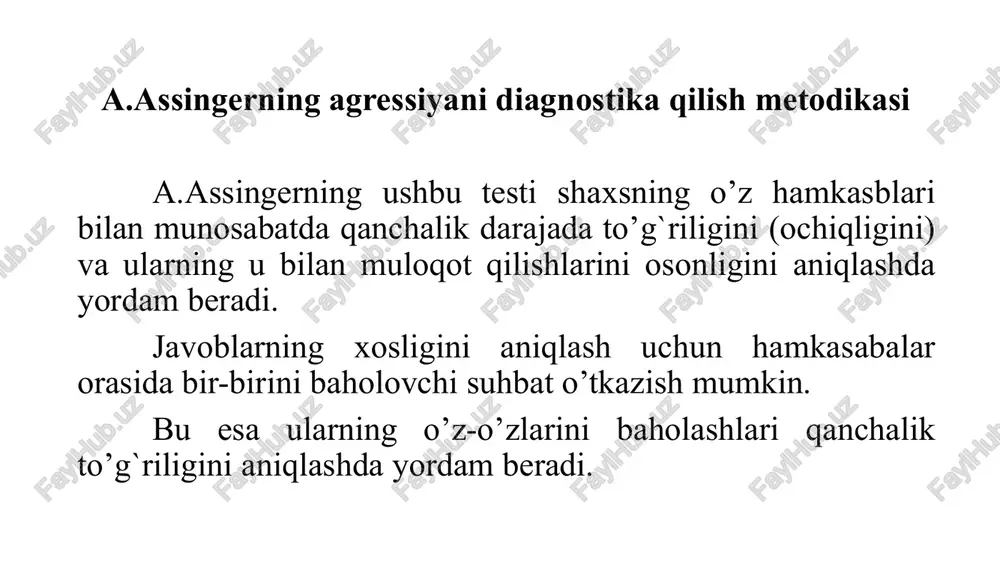 a.assingerning agressiyani diagnostika qilish metodikasi — PPTX