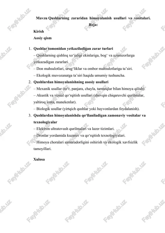 qushlarning zararidan himoyalanish usullari va vositalari — DOCX