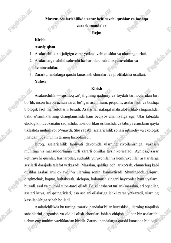 asalarichilikda zarar keltiruvchi qushlar va boshqa zararkunandalar — DOCX