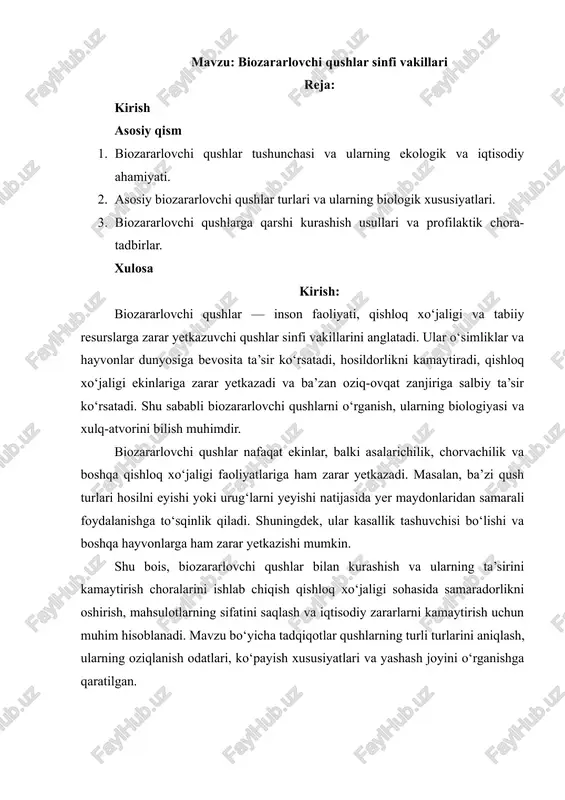 biozararlovchi qushlar sinfi vakillari — DOCX