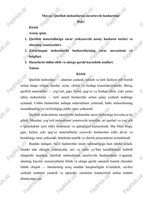 qurilish inshootlarini zararlovchi hasharotlar — DOCX