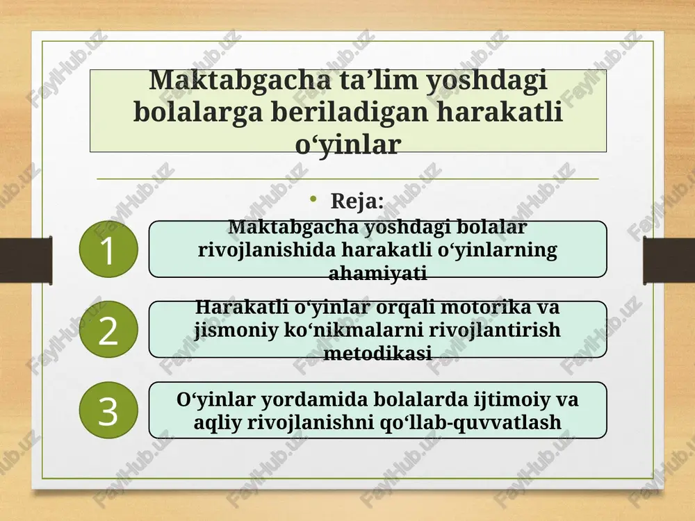 maktabgacha ta’lim yoshdagi bolalarga beriladigan harakatli o‘yinlar — PPTX