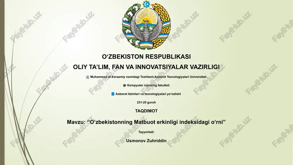 o‘zbekistonning matbuot erkinligi indeksidagi o‘rni — PPTX