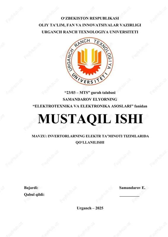 invertorlarning elektr ta’minoti tizimlarida qo‘llanilishi — DOCX