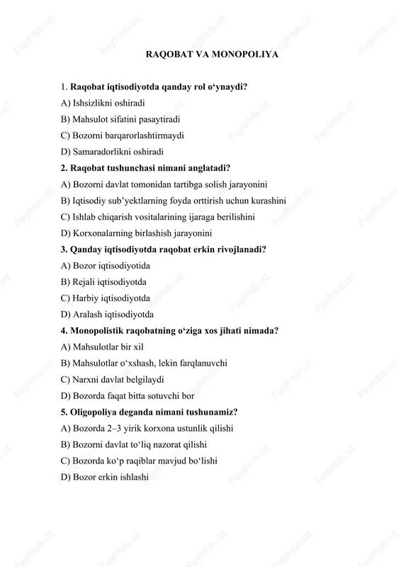 raqobat va monopoliya test — DOCX