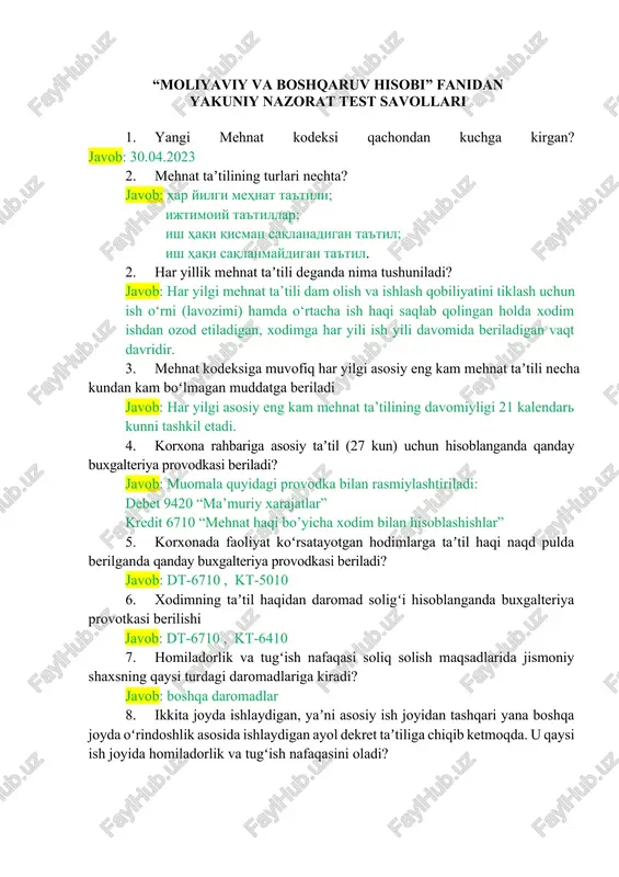 moliyaviy va boshqaruv hisobi fanidan yakuniy nazorat test savollari — DOCX