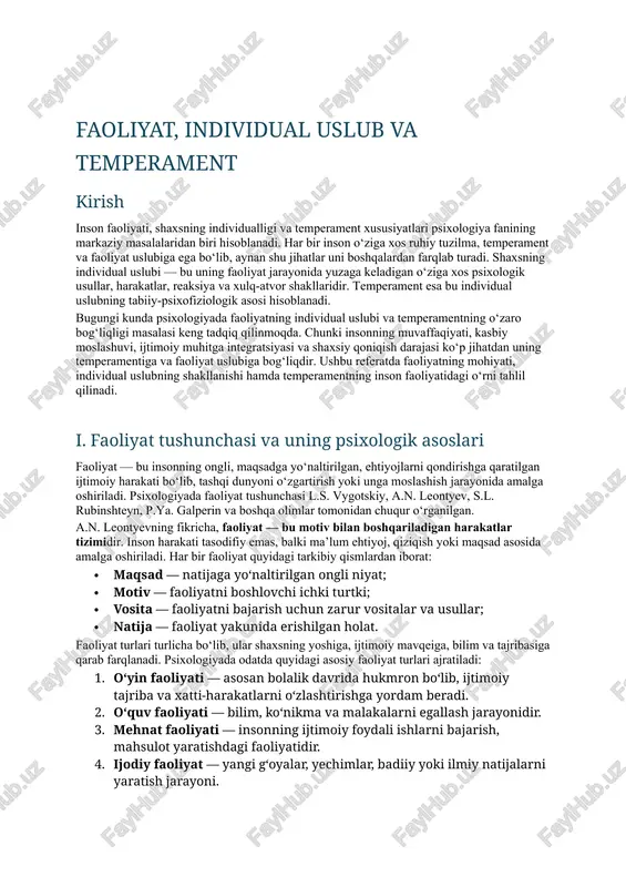 faoliyat, individual uslub va temperament — DOCX