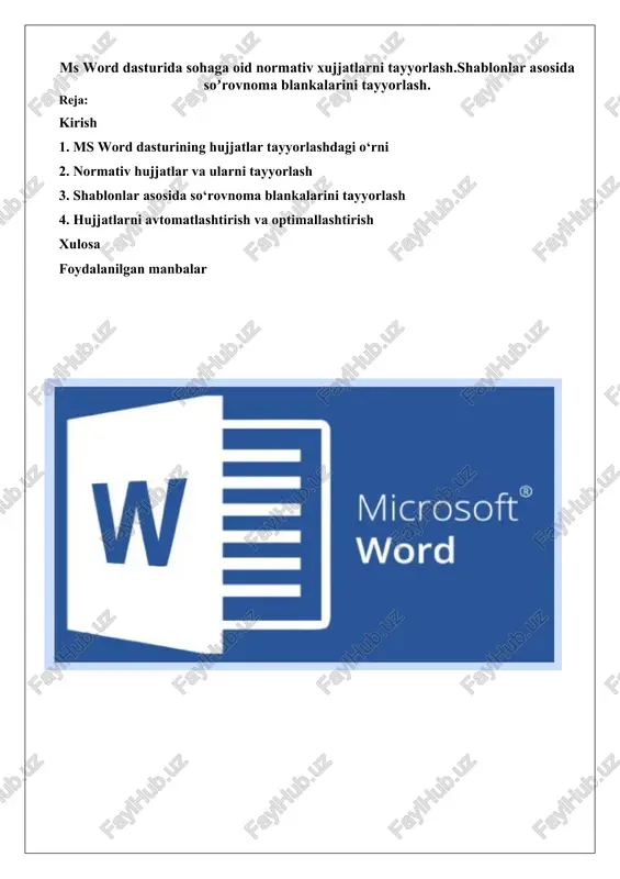 ms word dasturida sohaga oid normativ xujjatlarni tayyorlash — DOCX