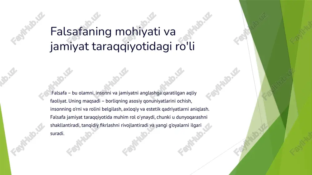 falsafaning mohiyati va jamiyat taraqqiyotidagi ro'li — PPTX
