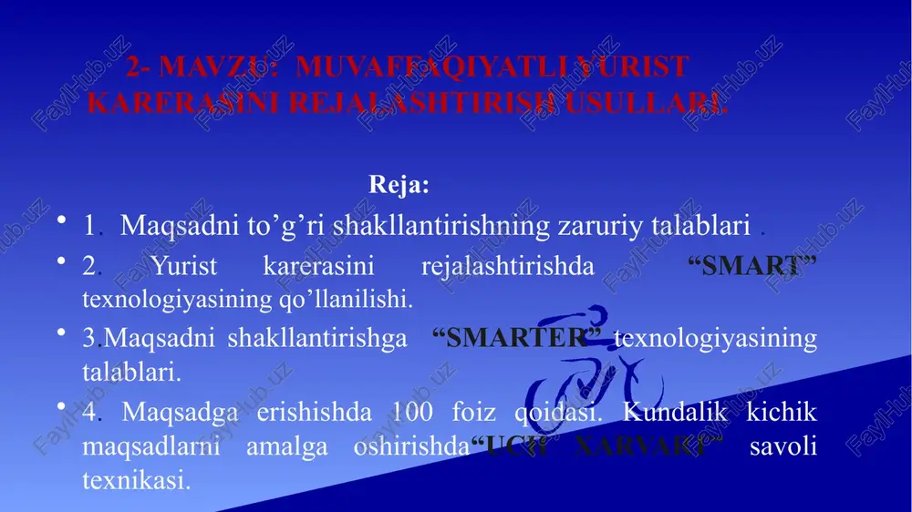 muvaffaqiyatli yurist karerasini rejalashtirish usullari — PPTX