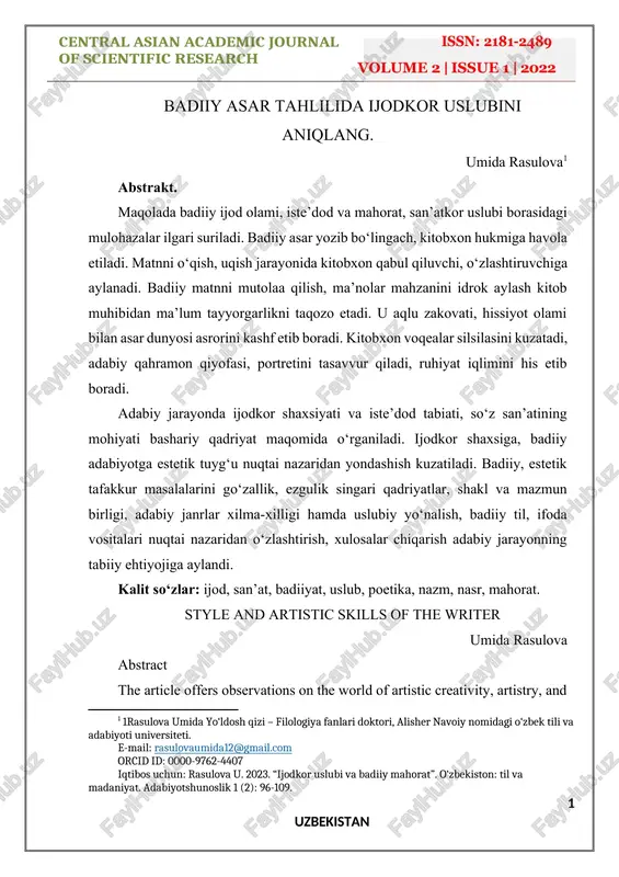 badiiy asar tahlilida ijodkor uslubini aniqlang — DOCX