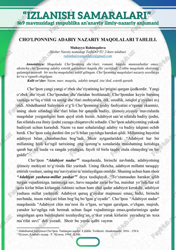 cho'lponning adabiy nazariy maqolalari tahlili — DOCX