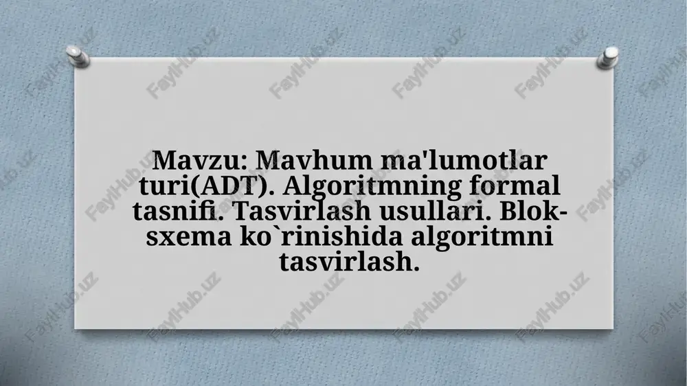 mavhum malumotlar. algoritmning formal tasnifi. tasvirlash usullari. blok-sxema ko`rinishida algoritmni tasvirlash. — PPTX