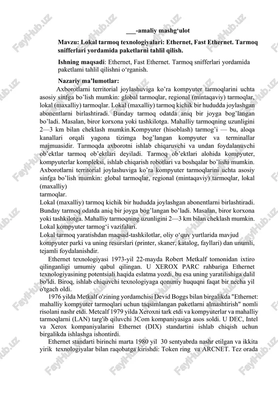 lokal tarmoq texnologiyalari: ethernet, fast ethernet — DOCX