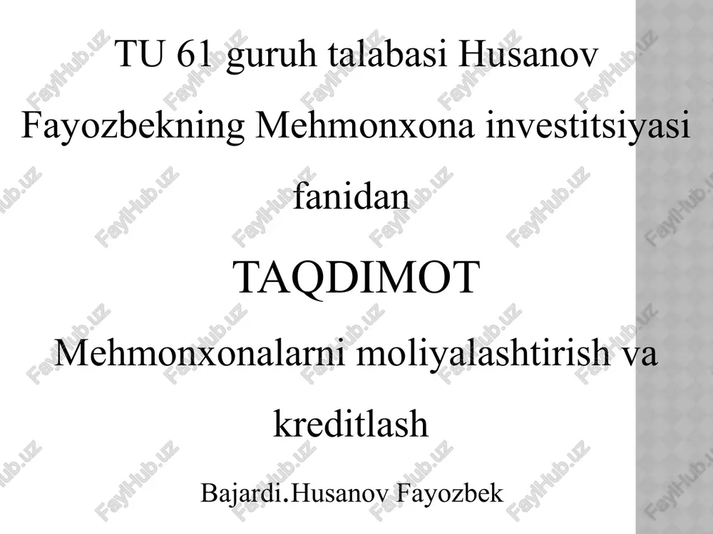 mehmonxonalarni moliyalashtirish va kreditlash — PPTX