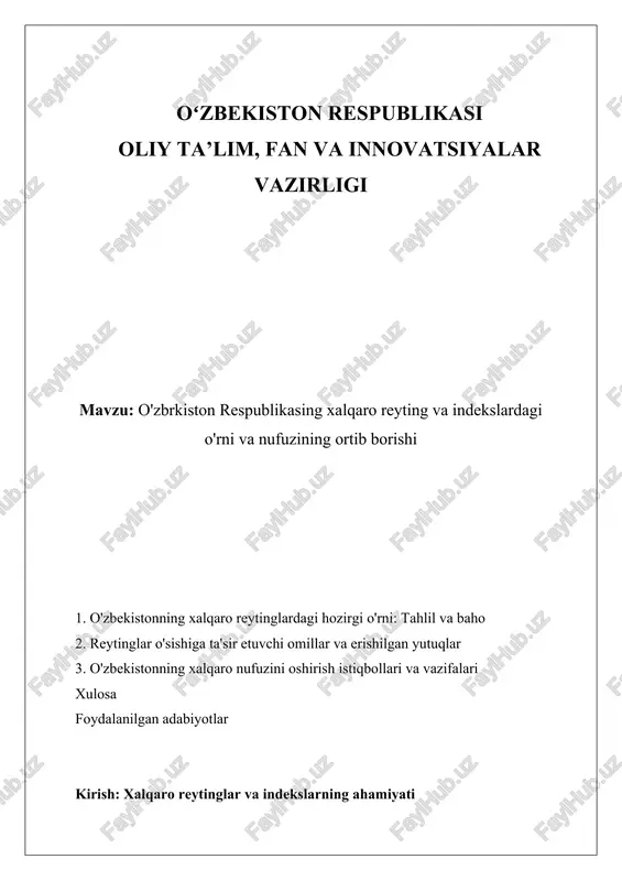 o'zbekiston respublikasining xalqaro reyting va indeksdagi o'rni va nufuzining ortib borishi — DOCX