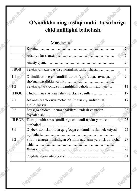 o’simliklarning tashqi muhit ta’sirlariga chidamliligini baholash — DOCX