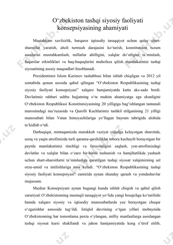 o‘zbekiston tashqi siyosiy faoliyati konsepsiyasining ahamiyati — DOC