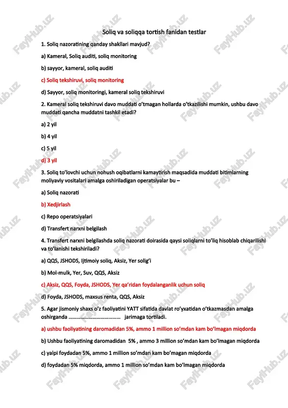 soliq va soliqqa tortish fanidan testlar — DOCX