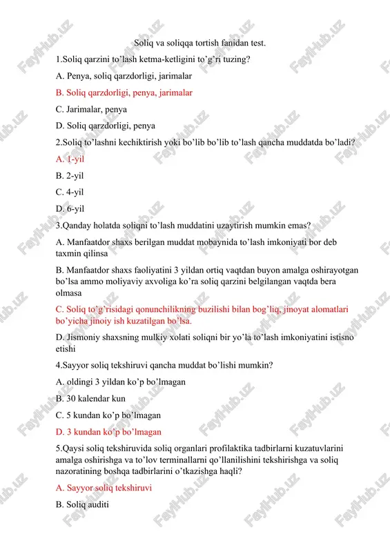 soliq va soliqqa tortish fanidan test — DOCX