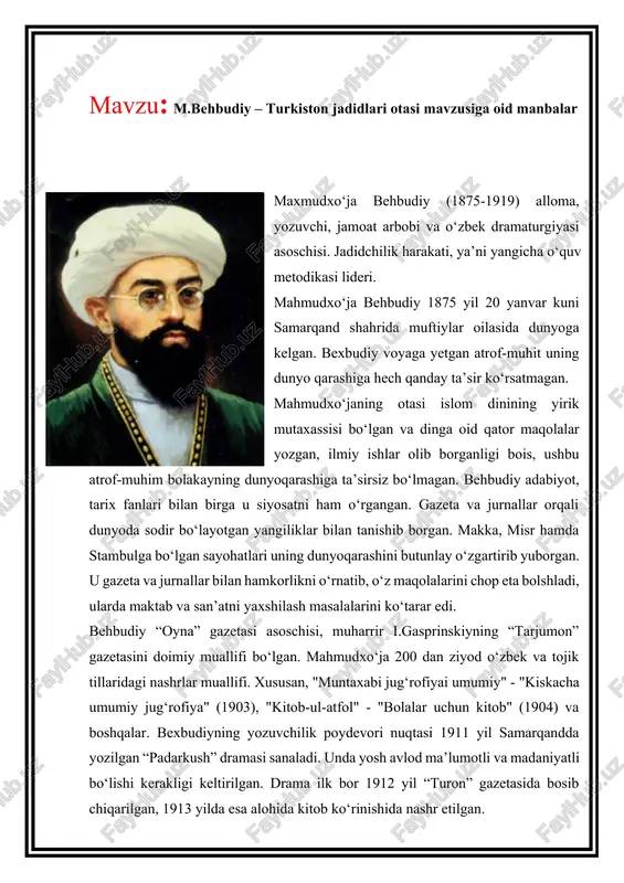 m.behbudiy – turkiston jadidlari otasi manbalar — DOCX