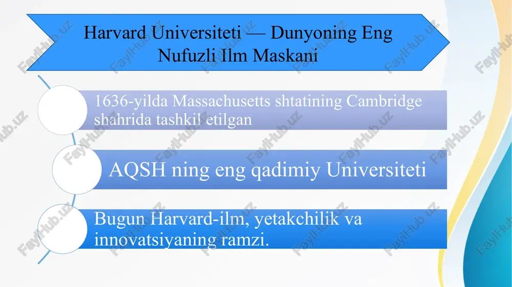 harvard universiteti — dunyoning eng nufuzli ilm maskani — PPTX