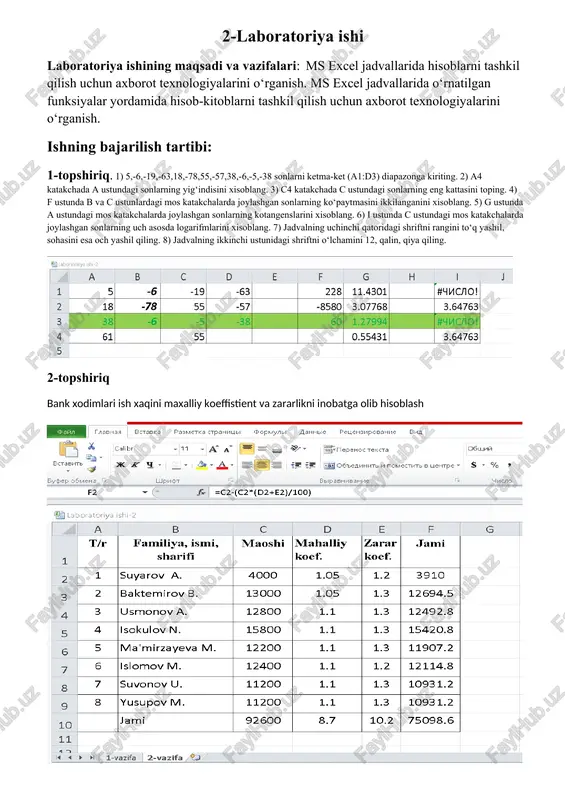 ms excel jadvallarida hisoblarni tashkil qilish uchun axborot texnologiyalarini o‘rganish. — DOCX