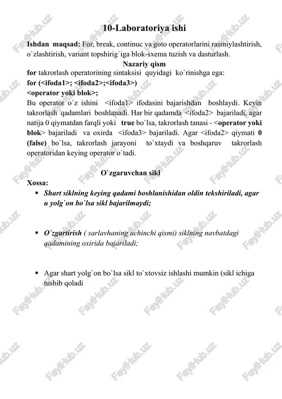 for, break, continuc va goto operatorlarini rasmiylashtirish, o`zlashtirish, variant topshirig`iga blok-sxema tuzish — DOCX