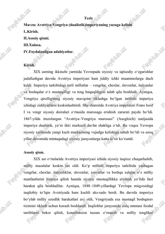 avstriya-vengriya (dualistik) imperiyasining yuzaga kelishi — DOCX