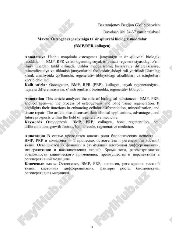 osteogenez jaroyiniga ta'sir qiluvchi biologik moddalar — DOCX