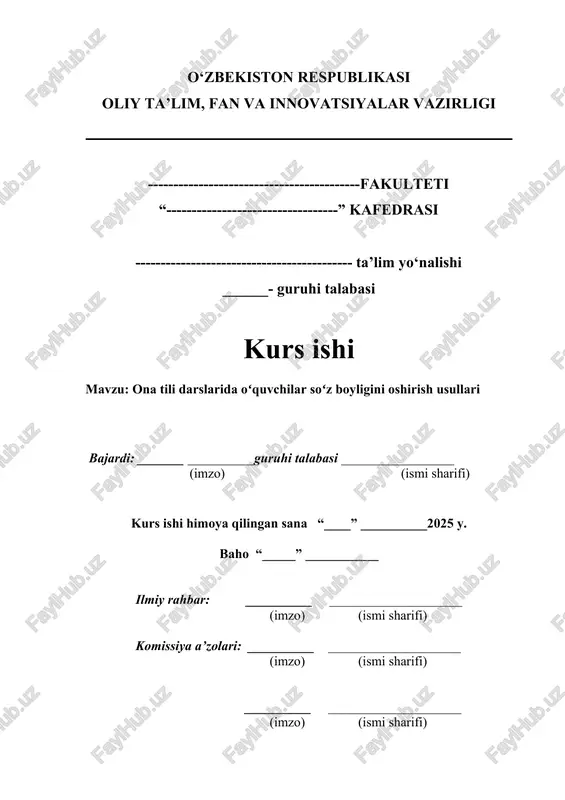 ona tili darslarida oʻquvchilar soʻz boyligini oshirish usullari kurs ishi — DOCX