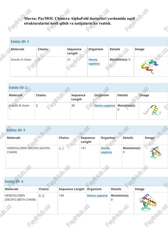 paymol chimera alphafold dasturlari yordamida oqsil strukturalarini hosil qilish va natijalarni ko`r — DOC