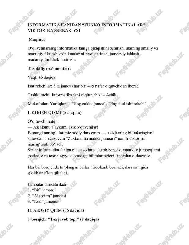 viktorina mavzusida dars ishlanma, viktorinalar, ssenariy — PDF