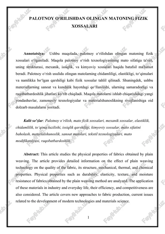 palotnoy o‘rishdan olingan matoning fizik xossalari — DOCX