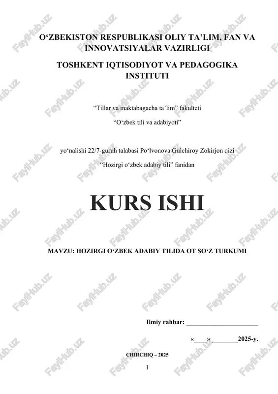 hozirgi o‘zbek adabiy tilida ot so‘z turkumi — DOCX