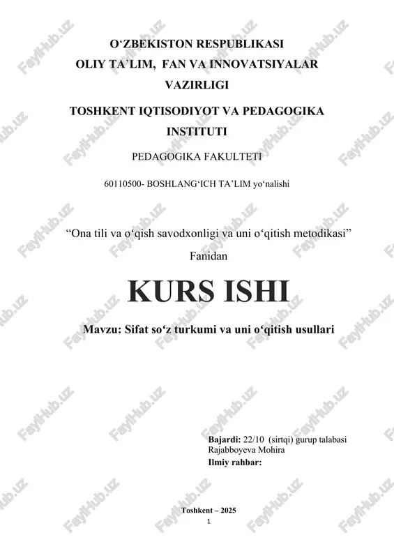 sifat soʻz turkumi va uni oʻqitish usullari — DOCX