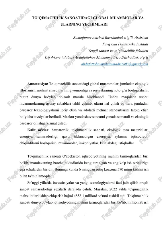 to’qimachilik sanoatidagi global muammolar va ularning yechimlari — DOCX