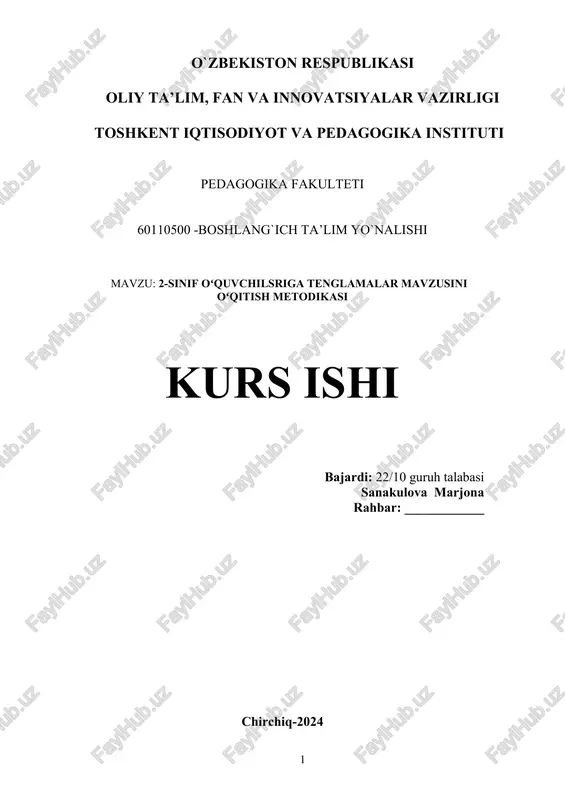 2-sinif oʻquvchilsriga tenglamalar mavzusini oʻqitish metodikasi — DOCX