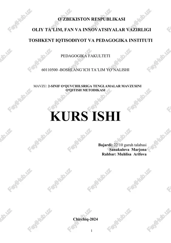 2-sinif oʻquvchilsriga tenglamalar mavzusini oʻqitish metodikasi — DOCX