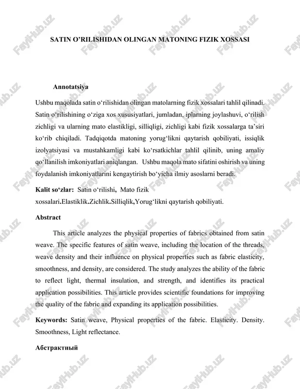 satin o’rilishidan olingan matoning fizik xossalari — DOCX