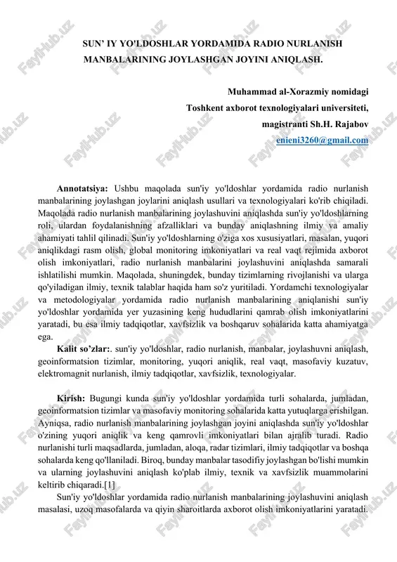 sun’iy yo'ldoshlar yordamida radio nurlanish manbalarining joylashgan joyini aniqlash — DOCX