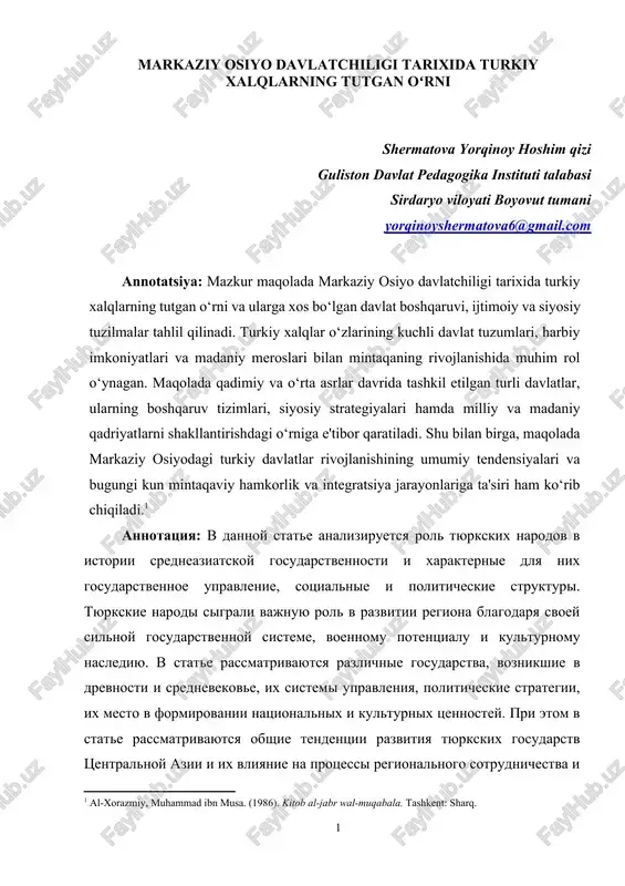 markaziy osiyo davlatchiligi tarixida turkiy xalqlarning tutgan oʻrni — DOCX