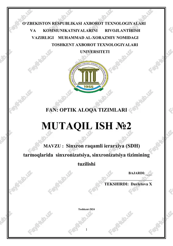 sinxron raqamli ierarxiya (sdh) tarmoqlarida sinxronizatsiya — DOCX