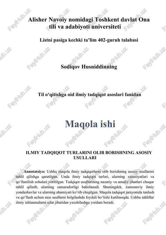 til oʻqitishga oid ilmiy tadqiqot asoslari fanidan — DOCX