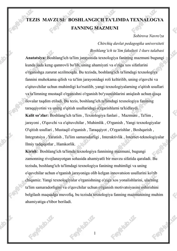 tezis mavzusi: boshlangich ta'limda texnalogya fanning mazmuni — DOCX