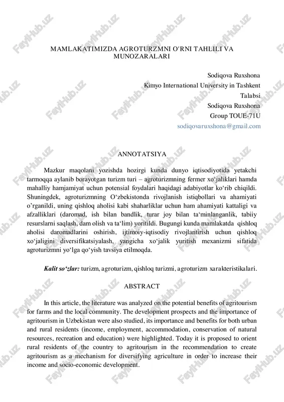 agroturizm va uning ahamiyati oʻzbekistonda — PDF
