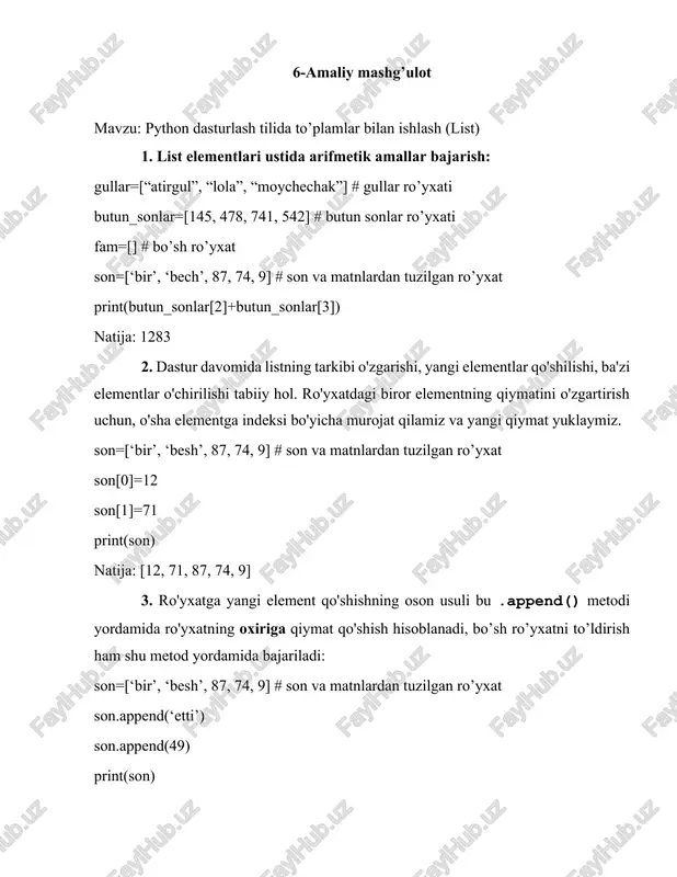 python dasturlash tilida to’plamlar bilan ishlash (list) — DOCX